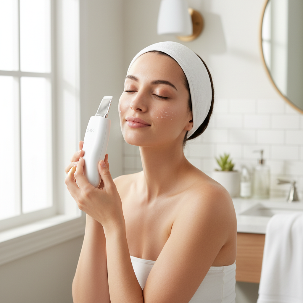 Aura Purify Ultrasonic Skin Scrubber in use