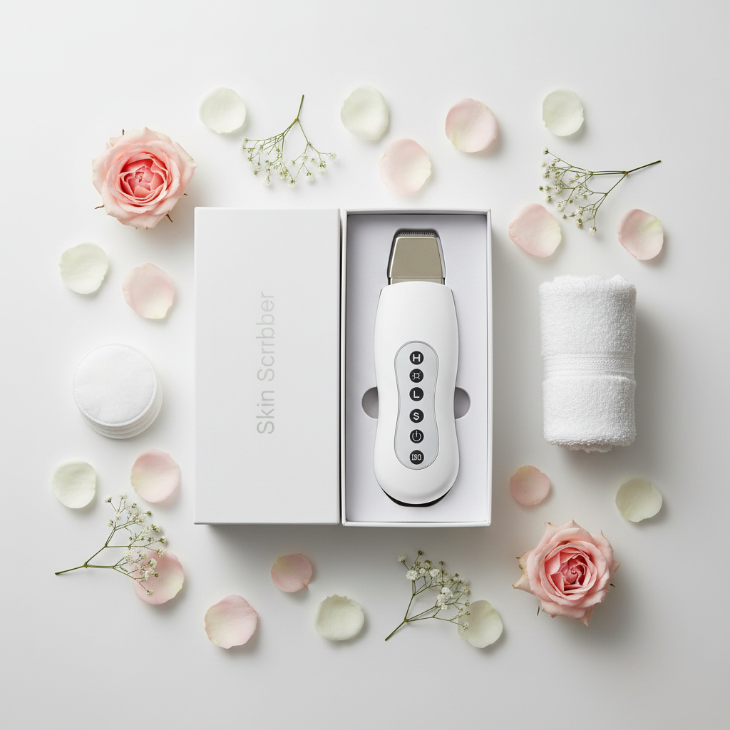 Aura Purify Ultrasonic Skin Scrubber flat lay with packaging